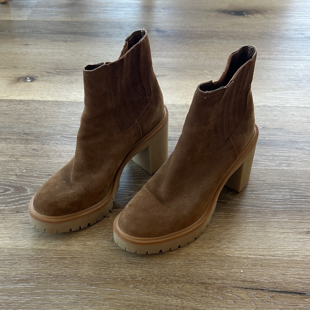Dolce Vita Brown Suede Chunk Heel Chelsea Booties